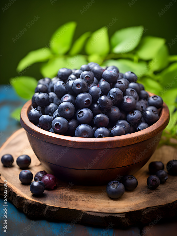 Fresh and ripe blueberries in a wooden bowl on table, dark background with leaves Fresh and ripe blueberries in a wooden bowl on table, dark background with leaves