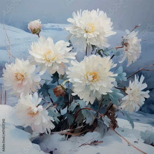 Illustration of chrysanthemums on the snow 