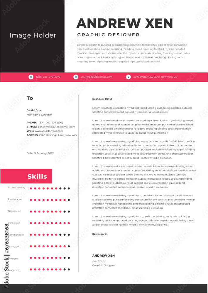 Minimalist curriculum vitae template and cover letter with photo. job applications letter - obrazy, fototapety, plakaty 