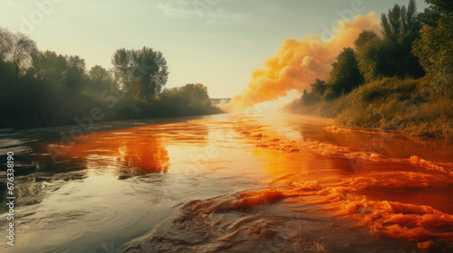 a river tainted by the ominous presence of radioactive waste, a stark environmental warning.
