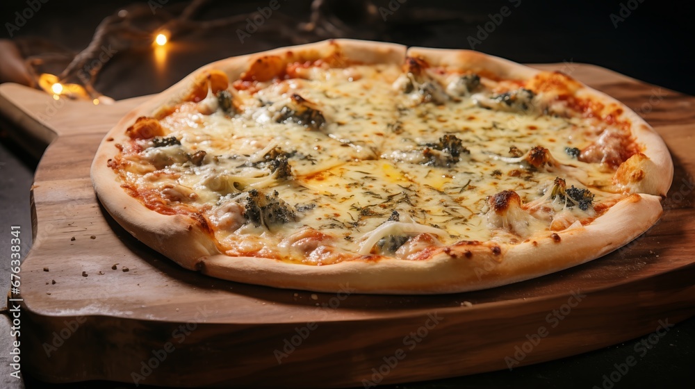 Delicate harmony of Italian four-cheese pizza on a wooden table