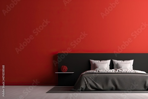 Modern bedroom interior with dark walls, wooden floors and a king-sized bed photo