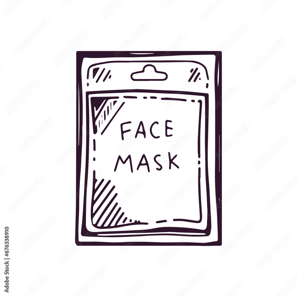 Hand-drawn face mask in a package, beauty cosmetic element, self care. Illustration for beauty salon, cosmetic store, makeup design. Doodle sketch style. Hand-drawn face mask in a package, beauty cosmetic element, self care. Illustration for beauty salon, cosmetic store, makeup design. Doodle sketch style.