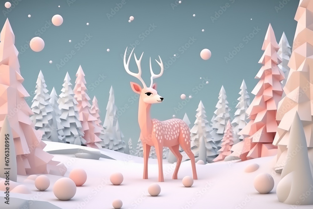 3d deer in a snowy forest decoration figure christmas design illustration, pastel tones, xmas card 3d deer in a snowy forest decoration figure christmas design illustration, pastel tones, xmas card