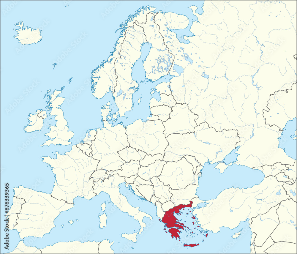 Obraz premium Red CMYK national map of GREECE inside detailed beige blank political map of European continent with rivers and lakes on blue background using Mercator projection