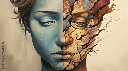 Artistic depiction of bipolar disorder, illustrating the duality of emotional states.