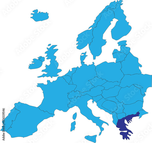 Dark blue CMYK national map of GREECE inside simplified blue blank political map of European continent on transparent background using Peters projection