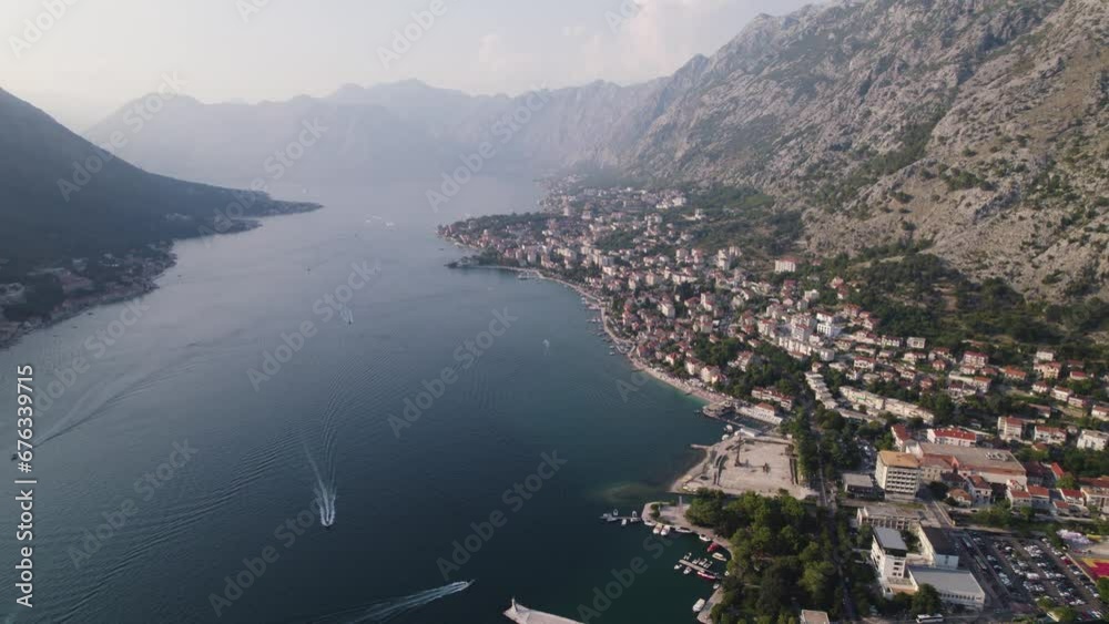 Bay of Kotor panoramic aerial view above stunning fjord village and winding bay of the Adriatic sea