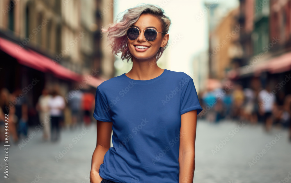 Young woman wearing blue t-shirt and sunglasses looking at the camera on a blurred city background Young woman wearing blue t-shirt and sunglasses looking at the camera on a blurred city background