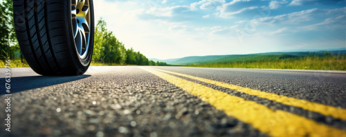 Summer tires on road in sunny day near beautiful nature. wide tire banner. copy space for text. photo