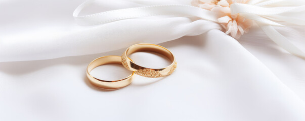 Luxury wedding rings on wedding cardboard. copy space for your text.