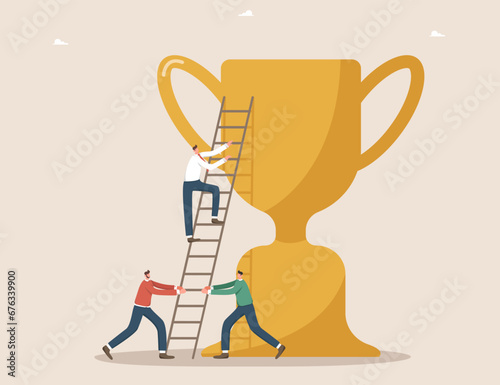 Teamwork to achieve highest result, brainstorming to find the right strategy and business prosperity, cooperation and partnership to achieve goals and win, men holding ladder to cup, man goes upstairs