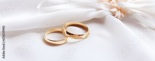 Luxury wedding rings on wedding cardboard. copy space for your text.