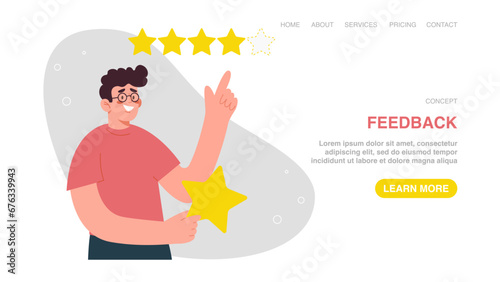 Customer feedback about product or service quality, five star rating, positive service feedback, experience, evaluation rank, user satisfaction. Web banner, infographic, web page with man gives rating