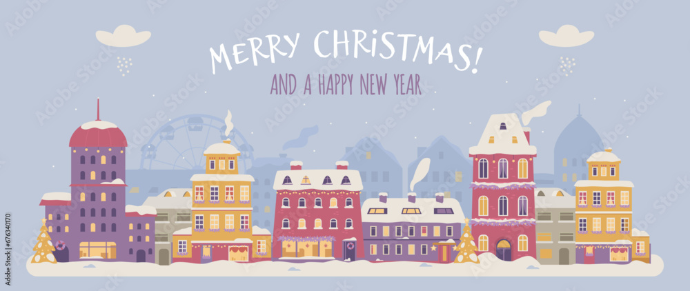 Merry Christmas horizontal banner with cute snowy town flat vector illustration.