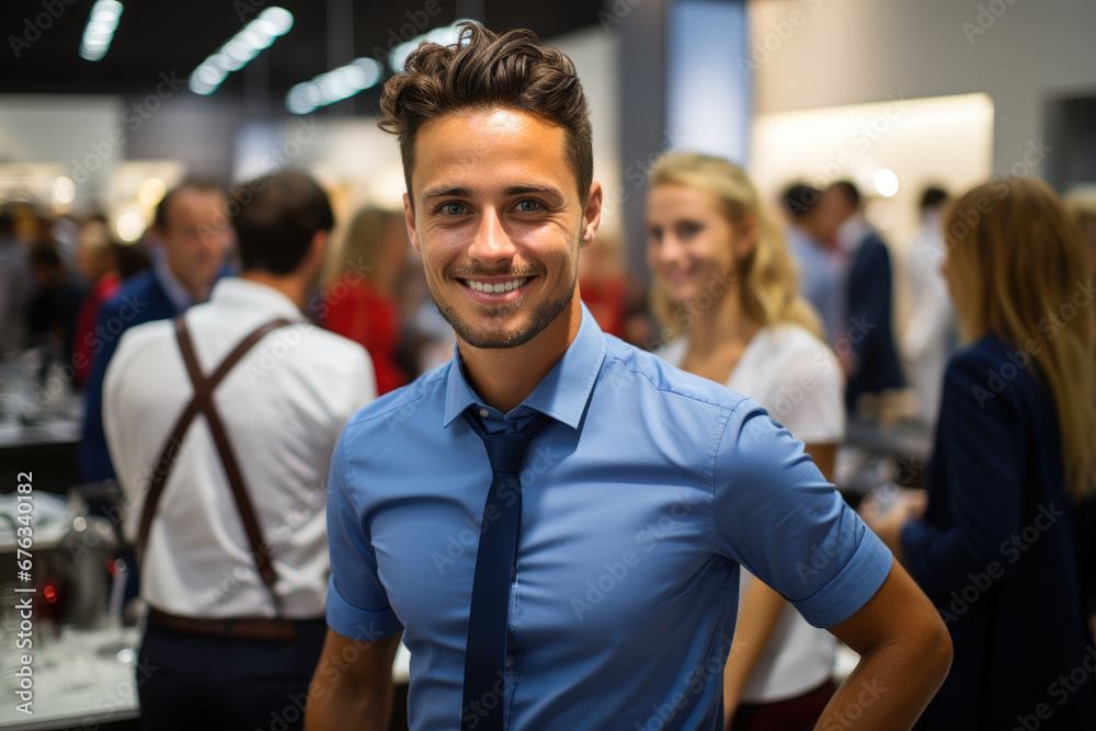 Generative ai illustration of sales associate standing smiling in kitchen showroom Generative ai illustration of sales associate standing smiling in kitchen showroom