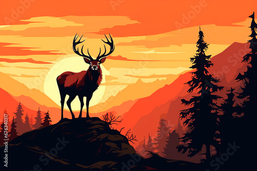 Illustration of a deer in the mountains at dusk © Aydan