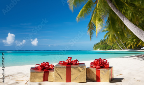 Christmas holiday vacation. Festive gifts and presents on a tropical beach. Seasonal travel