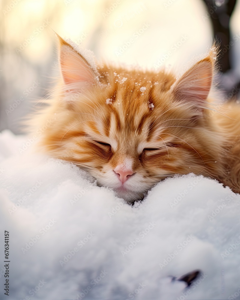 Red ginger cat with closed eyes sleeping, dreaming in snow. Winter soft and calm feeling outdoors with kitten.