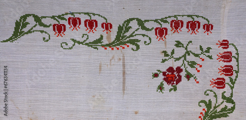 National ornament on Ukrainian embroidery. Ornamentation of ancient Ukrainian towels and tablecloths, embroidery and placement of patterns. Home-woven cloth. Handmade. Embroidery of the 19th and 20th 