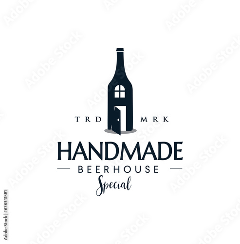 Illustration abstract beer bottle with house sign logo design icon template