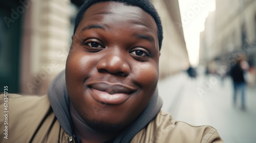 Happy, smiling middle-aged African American man with glasses taking selfie outdoor