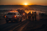 Rescue service in emergency situations. Firefighters and rescuers in uniform work to save life during a accident at sunset