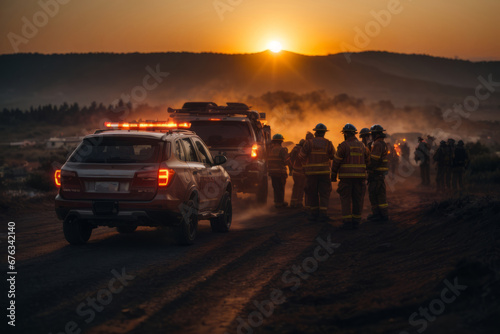 Rescue service in emergency situations. Firefighters and rescuers in uniform work to save life during a accident at sunset photo