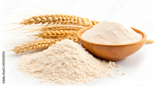 Whole grain wheat flour and ears isolated on white background