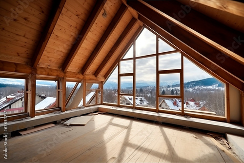 modern attic construction site with large windows, high rooms, daylight, bright