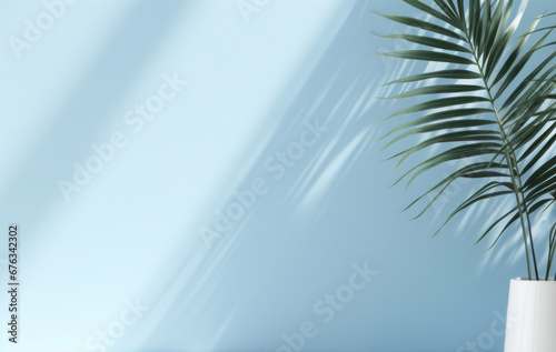 Minimalistic light blue background with tropical palm leaves and soft shadows. Copy space.