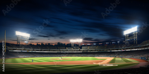 Grand baseball stadium field spot daylight Stadium in lights and flashes, football field. AI Generative