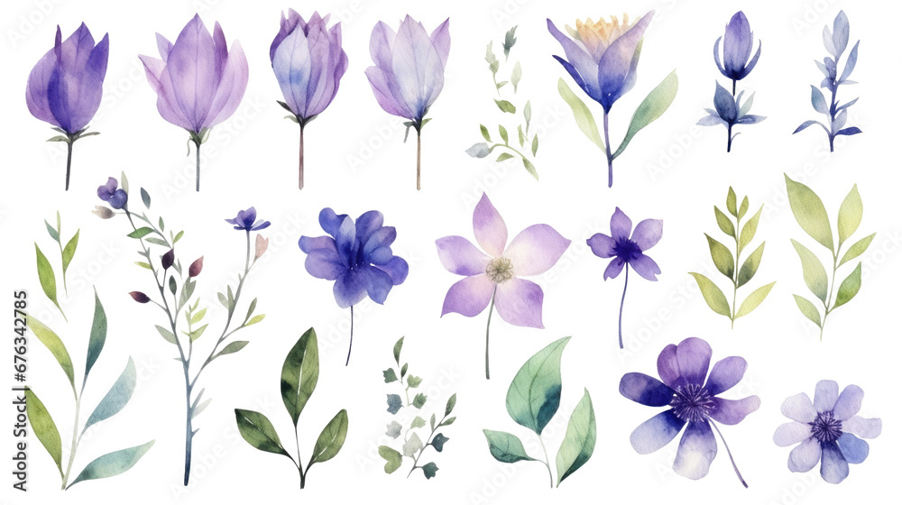 Set of watercolor purple flowers leaves and twigs on a transparent background, png