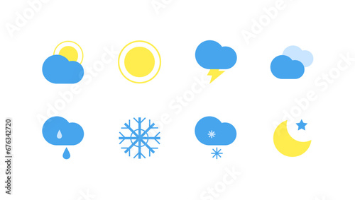 Set blue weather icons collection. Isolated from background. Each icon in separately folder. Vector graphics. Editable strokes. web icon. Flat design for web UI. Sun, moon, snowflake, rain, cloud