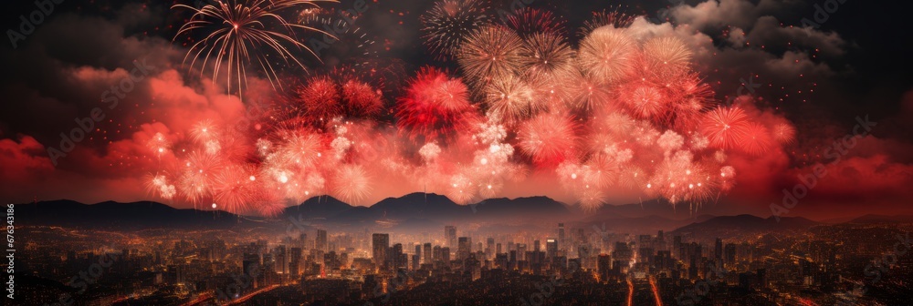Stunning chinese new year fireworks illuminating the night sky with vibrant colors and patterns - obrazy, fototapety, plakaty 