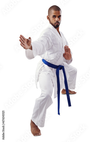 Foto Man, karate and martial arts for self defense training with blue belt isolated on a transparent PNG background