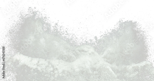 Explosion of snow falling down from sky or roof, heavy big small size snows. Freeze shot on black background isolated. Fluffy White snowflakes splash explode cloud up in mid air storm photo