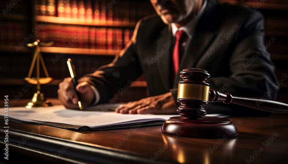 Bright photo of legal counsel presenting signed contract with gavel justice and lawyer concept Bright photo of legal counsel presenting signed contract with gavel justice and lawyer concept