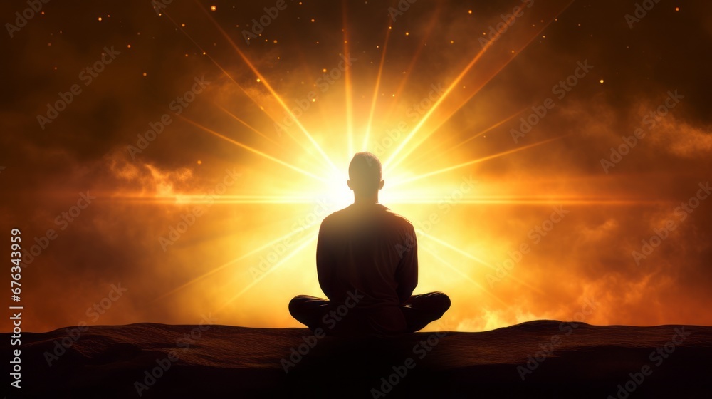 Silhouette of meditations on the background of the sun. A man meditates at sunset