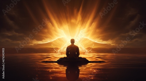 Silhouette of meditations on the background of the sun. A man meditates at sunset