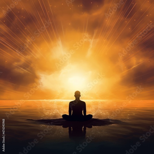 Silhouette of meditations on the background of the sun. A man meditates at sunset