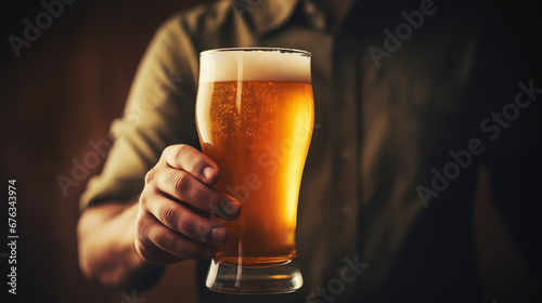 A glass of beer in the hands of a man. Tasting brewed craft beer. Lager beer with beautiful foam. Cold refreshment beverage. Alcohol drink from pub. Enjoyment on beer degustation. Generated AI photo
