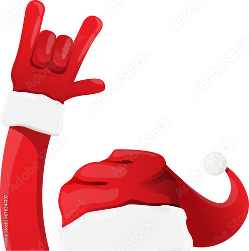 Merry christmas horizontal banner with Santa Claus rock n roll style and santa red hat isolated on white background. Merry Christmas hipster Rock n roll party poster or flyer design template.