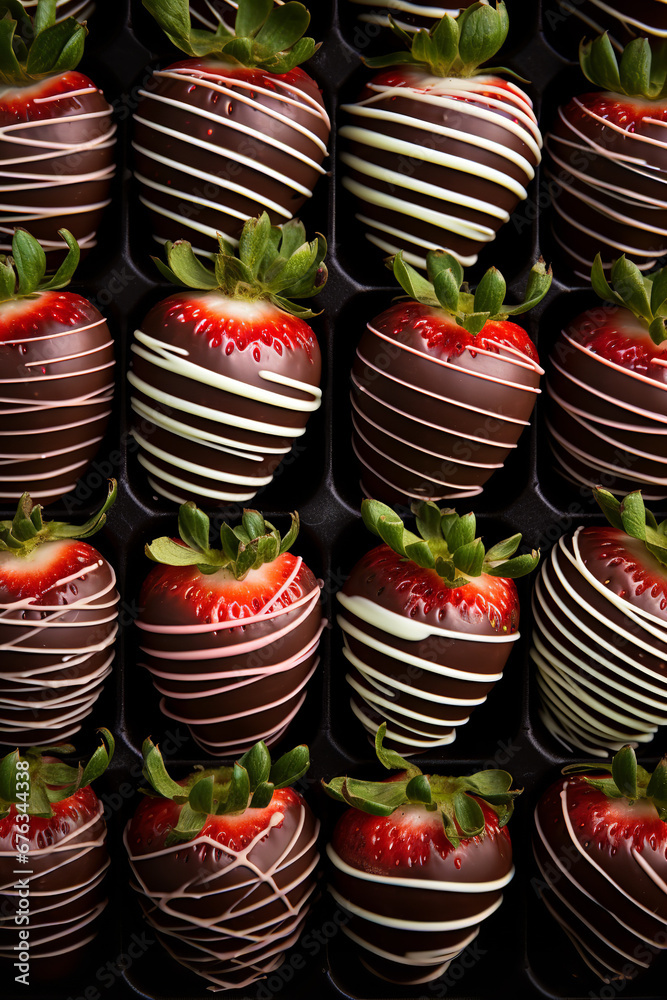 a tray of chocolate covered strawberries, in the style of delicate markings