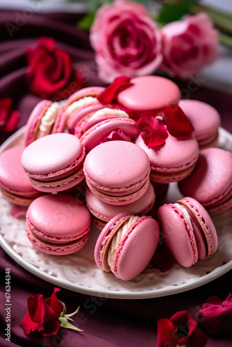 a white plate full of pink macarons topped with hearts and roses