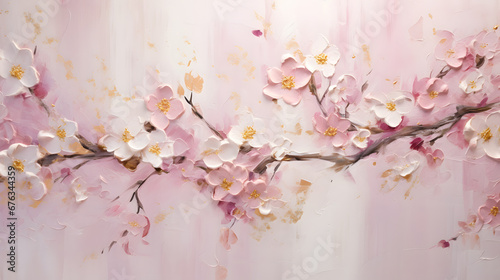 Abstract painted oil acrylic painting pink cherry flowers golden texture marble. generative AI. photo