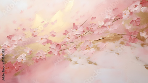 Abstract painted oil acrylic painting pink cherry flowers golden texture marble. generative AI.