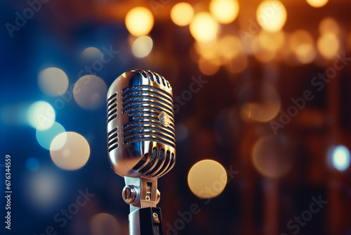 A vintage microphone against a blurred lights background. Live performance concept.