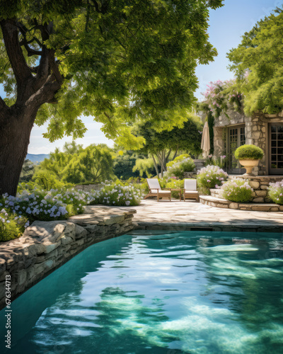 Swimming pool at home in a warm Mediterranean climate , outdoor pool with scattered shrubs and flowers around it © pundapanda
