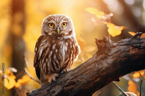 A little owl on branch in the forest. © tong2530